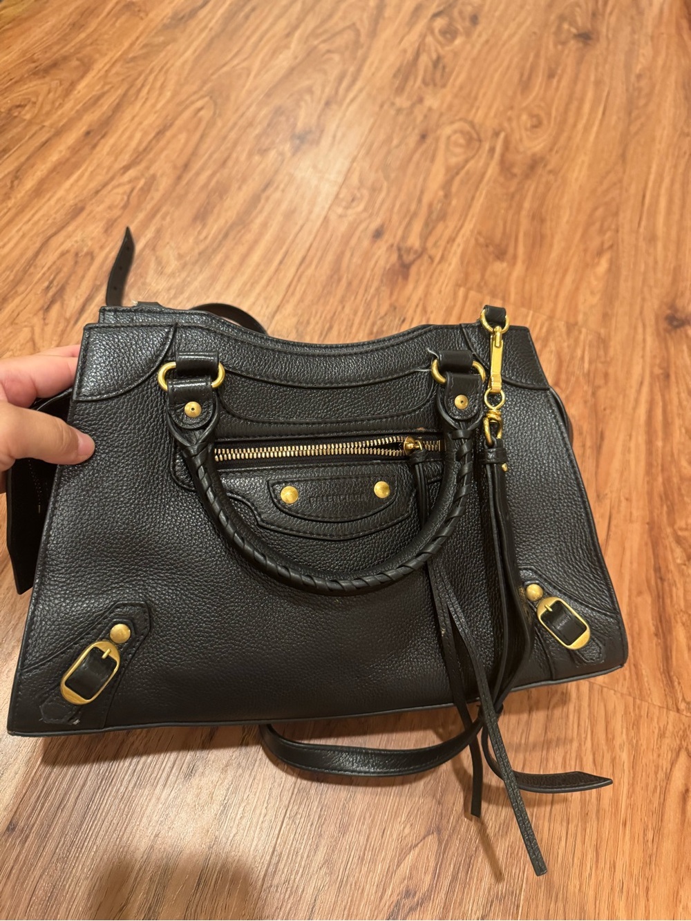 Black Leather Satchel Handbag with Gold Hardware
